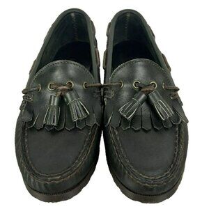 TALBOTS Women's Shoes Size 7 Wide Dark Green Leather Loafers Tassel Slip On Mocs